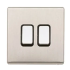 MK Electric Plate Switch 2 Gang 2 Way SP 20A Brushed Stainless Steel Black Inserts