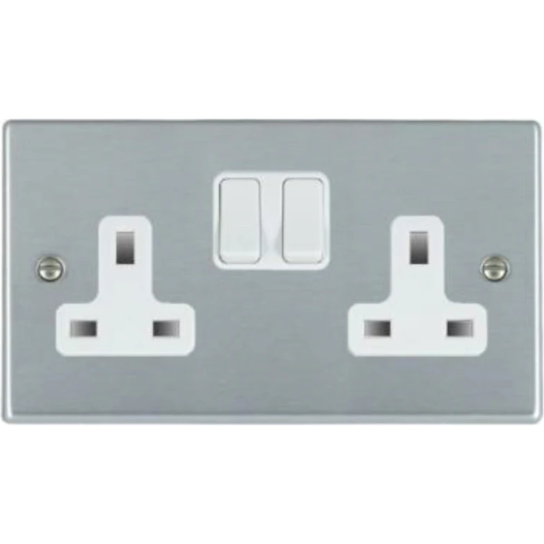 Hamilton Socket 2 Gang Switched 13A 85X145mm Satin Chrome White Insert