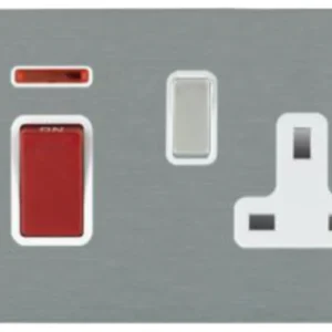 Hamilton Socket Rocker Red 1 Gang Dp+13A Socket 45A 86X146mm Satin Steel/Satin Steel White
