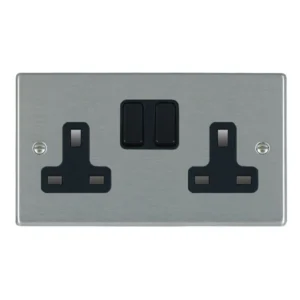 Hamilton Socket 2 Gang Switched 13A 85X145mm Satin Steel Black Insert