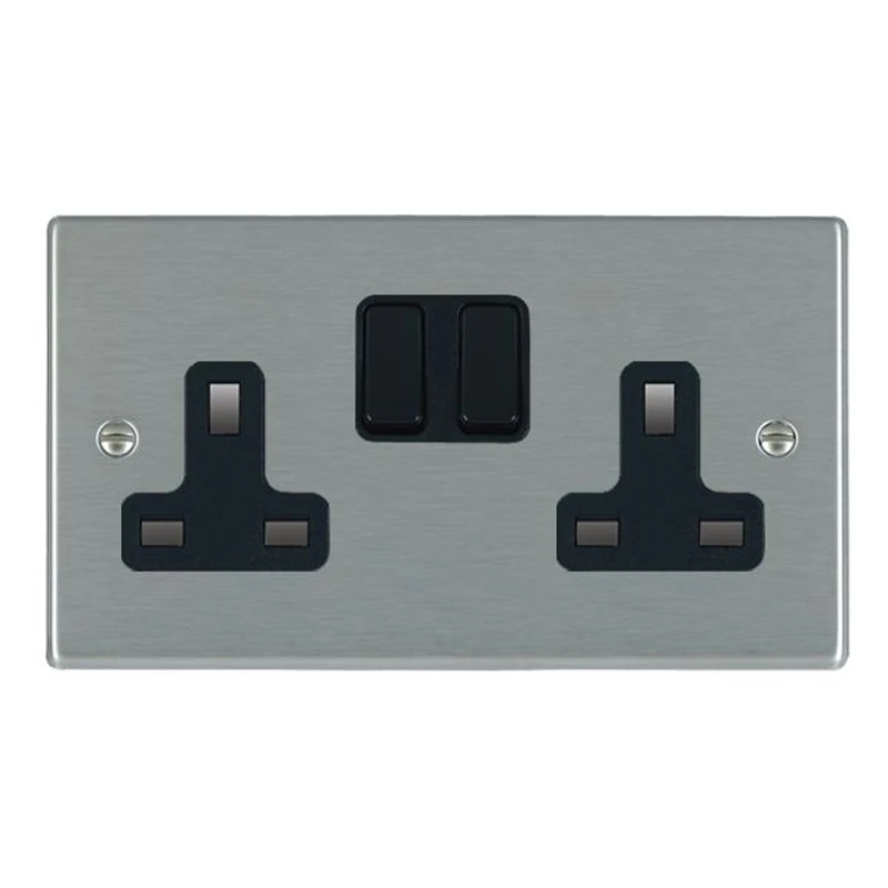 Hamilton Socket 2 Gang Switched 13A 85X145mm Satin Steel Black Insert