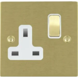 Hamilton Socket 1 Gang Switched 13A 86X86mm Satin Brass/Satin Brushed White Insert