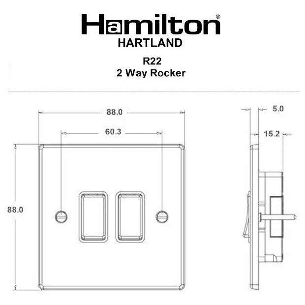 Hamilton Switch Rocker 2 Gang 2 Way 10A 88X88mm Satin Steel Black Insert - Image 2