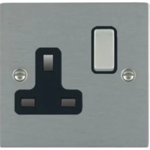 Hamilton Socket 1 Gang Switched 13A 86X86mm Satin Steel/Satin Steel Black Insert