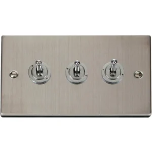 Click Scolmore Toggle Switch 3 Gang 2 Way 10A Stainless Steel Black&White Gasket
