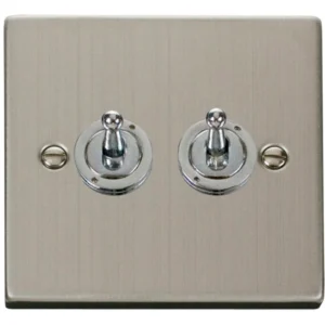 Click Scolmore Toggle Switch 2 Gang 2 Way 10A Stainless Steel Black&White Gasket