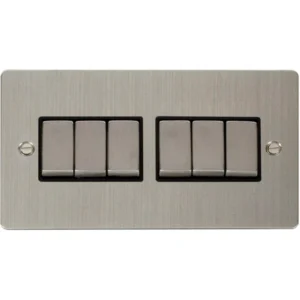 Click Scolmore Plate Switch 6 Gang 2 Way 10A Stainless Steel Black Insert