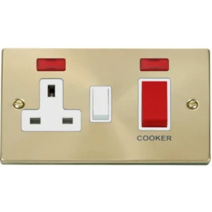 Click Scolmore Victorian Satin Brass White Insert 45A 2 Gang Double Pole Switch With 13A Double Pole Switched Socket Outlet & Neons