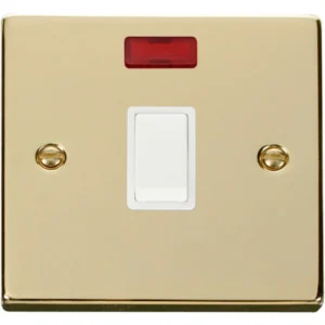 Click Scolmore Victorian Polished Brass White Insert 20A Double Pole Plate Switch With Neon
