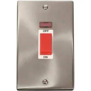 Click Scolmore Victorian Satin Chrome White Insert 45A 2 Gang (Vertical) Double Pole Plate Switch With Neon
