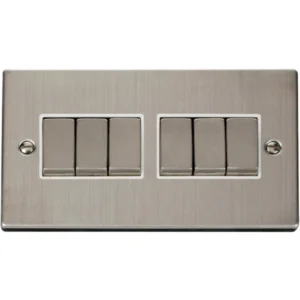 Click Scolmore Plate Switch 6 Gang 2 Way 10A Stainless Steel White Insert Victorian