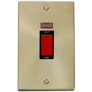 Click Scolmore Victorian Satin Brass Black Insert 45A 2 Gang (Vertical) Double Pole Plate Switch With Neon