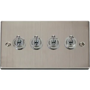 Click Scolmore Toggle Switch 4 Gang 2 Way 10A Stainless Steel Black&White Gasket