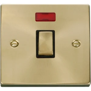 Click Scolmore Victorian Satin Brass Black Insert 20A Ingot Double Pole Plate Switch With Neon