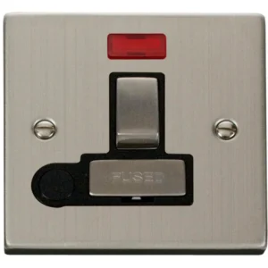 Click Scolmore Victorian Stainless Steel Black Insert 13A Ingot Double Pole Switched Fused Connection Unit With Neon & Optional Flex Outlet