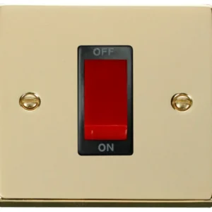 Click Scolmore Victorian Polished Brass Black Insert 45A 1 Gang Double Pole Plate Switch