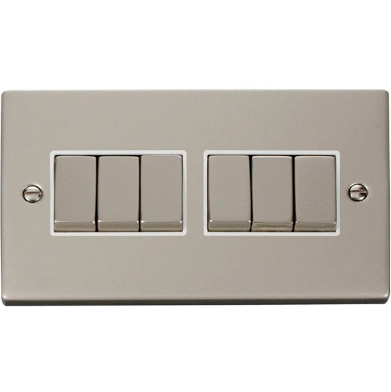 Click Scolmore Plate Switch 6 Gang 2 Way 10A Pearl Nickel White Insert Victorian - Image 2