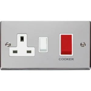 Click Scolmore Victorian Polished Chrome White Insert 45A 2 Gang Double Pole Switch With 13A Double Pole Switched Socket Outlet