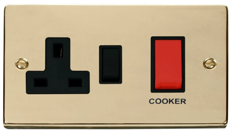 Click Scolmore Victorian Polished Brass Black Insert 45A 2 Gang Double Pole Switch With 13A Double Pole Switched Socket Outlet - Image 2