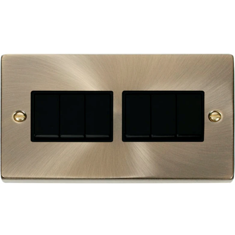 Click Scolmore Plate Switch 6 Gang 2 Way 10A Antique Brass Black Insert Victorian