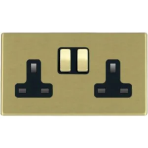 Hamilton Socket 2 Gang Switched 13A 146X86mm Satin Brass Black Insert