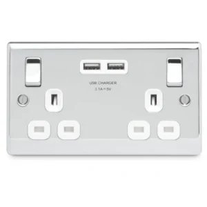 Newlec Socket Outlet Switched Decorative Raised Edge 2 Gang 13A Polished Chrome with 2 x USB Charger