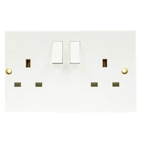 Newlec White Square Edge 2 Gang Single Pole Double Switch Socket (Twin Earth)
