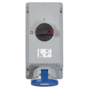 MK Electric Socket Double Pole+Earth Switched Vertical 32A 250V Blue Angled Interlock IP44