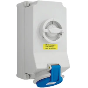 Newlec Industrial Power Socket Switch Interlocked Surface 2P+E 32A 230V IP44 Blue
