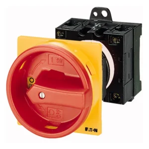 Eaton Main switch T0 20 A rear mounting 2 contact unit(s) 3 pole Emergency switching off function With red rotary handle and yellow locking ring Lockable in t