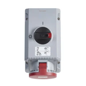 MK Electric Socket Triple Pole Neutral+Earth Switched Vertical 32A 415V Red Angled Interlock IP44