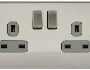 Niglon Socket 2 Gang DP Switched Twin Earths 13A Brushed Chrome Grey Insert