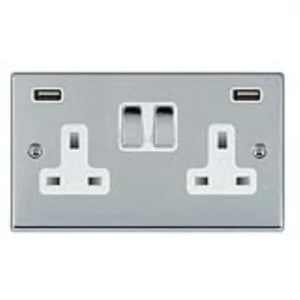 Hamilton Socket 2 Gang Single Pole Switched USBs 13A 85 x 145mm Bri Chrome/Wht