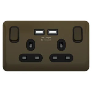 Schneider Electric Socket 2 Gang Single Pole Switched 2 x 2.1A USB 13A Mocha Bronze Black