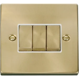 Click Scolmore Victorian Satin Brass White Insert 10AX Ingot 3 Gang 2 Way Plate Switch