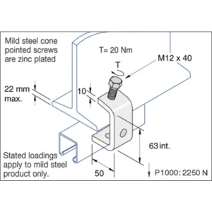 Unistrut Beam Clamp 50X63mm M12 Steel Hot Dipped Galvanised