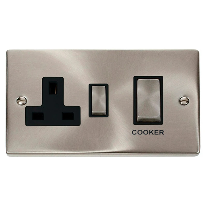 Click Scolmore Switch Double Pole 13A Switched Socket 45A Satin Chrome Black