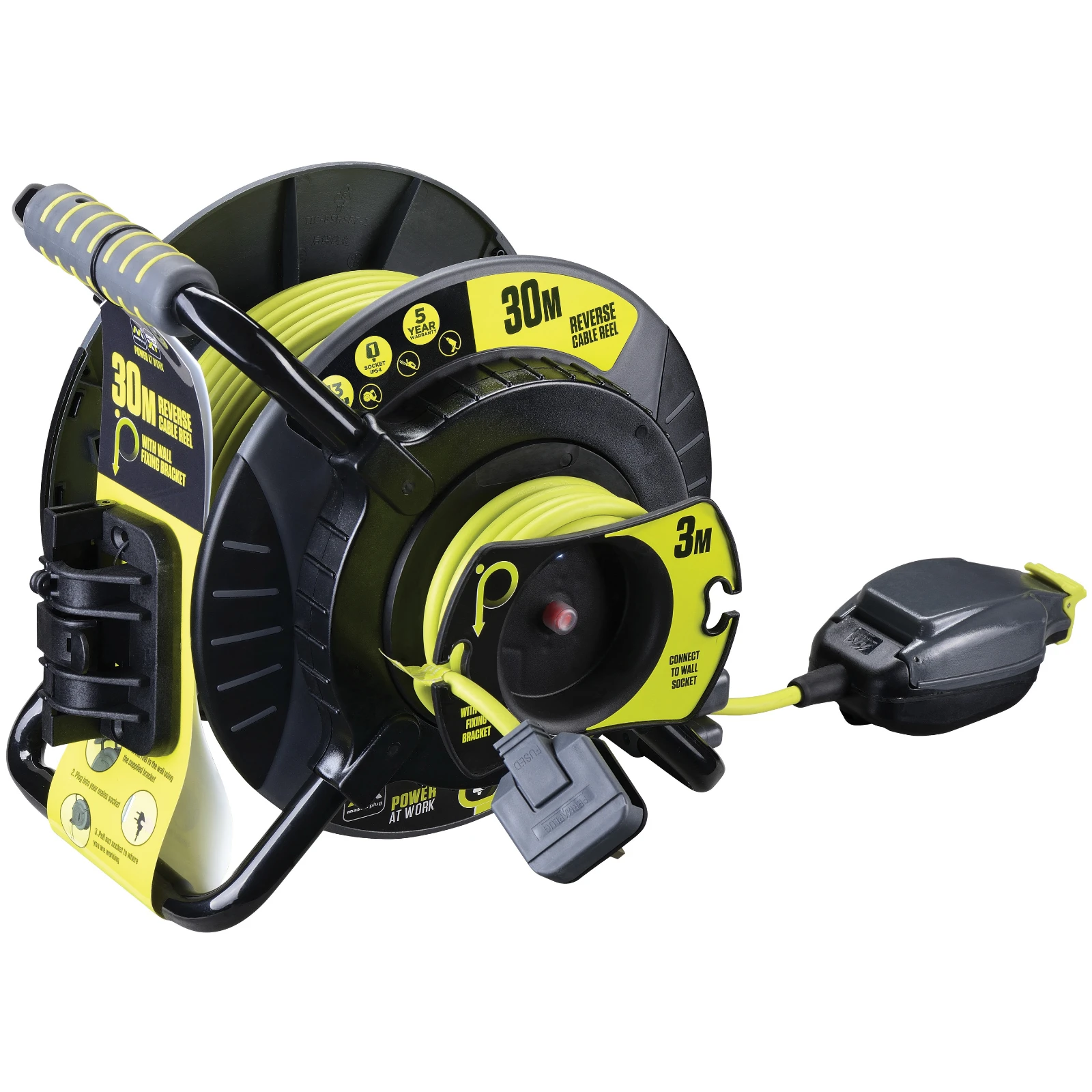 Luceco CABLE REEL 1GANG IP SOCKET REVERSE ANTI-TWIST 13A 30M+3M GRE