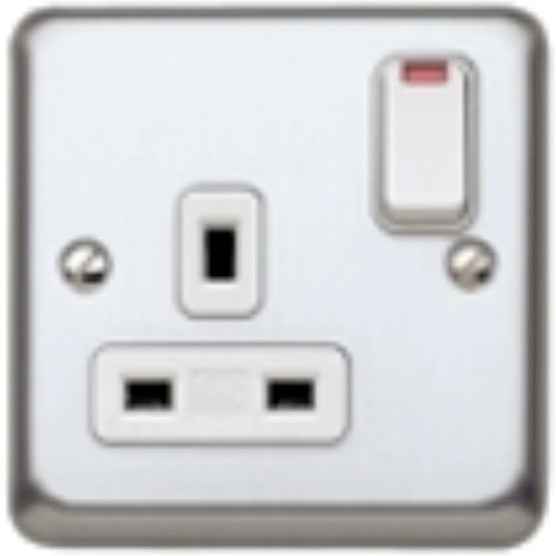 MK Electric Brushed Stainless Steel 13A 1 Gang DP Switchsocket Outlet with Dual Earth Terminals and Neons